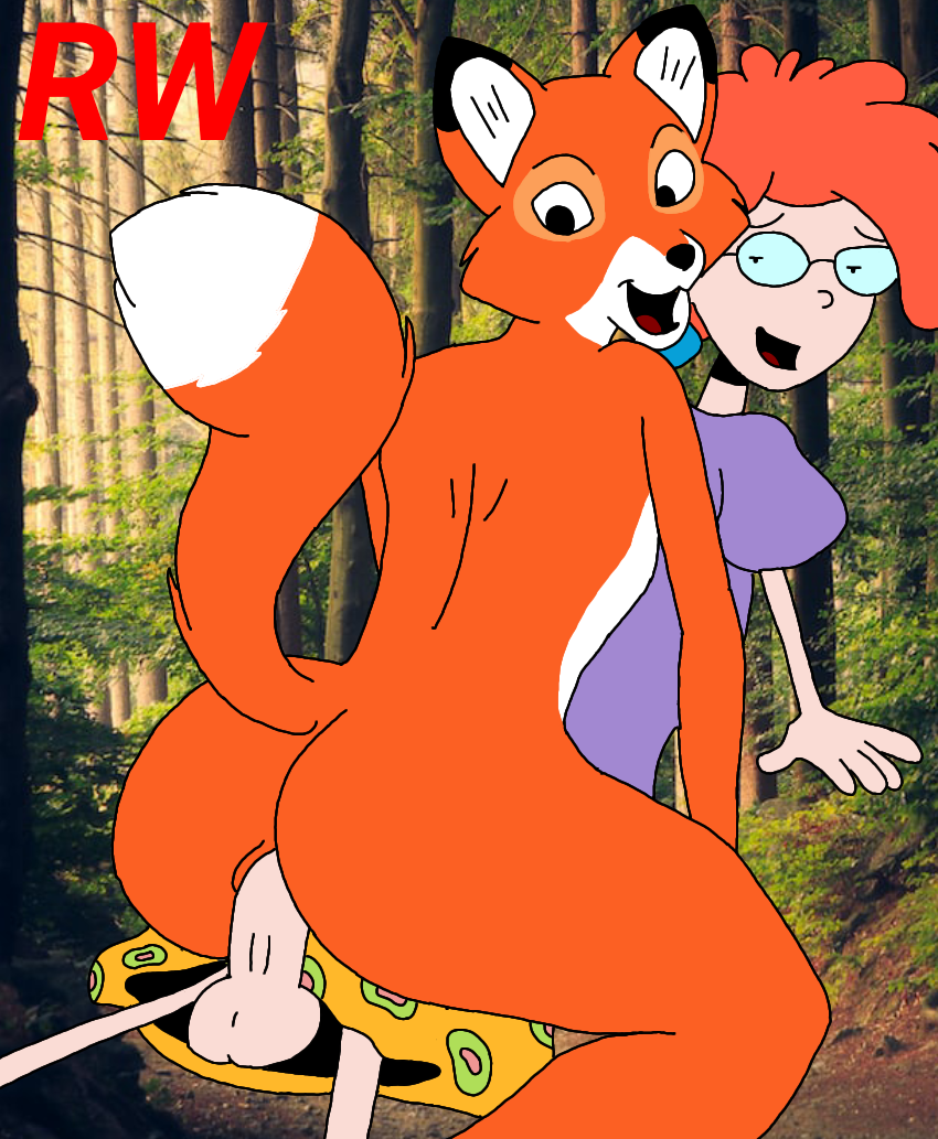 1futa 1girl 1girl1futa anthro ass bad_anatomy balls clothed cowgirl_position crossover disney forest fox from_behind furry futanari futanari_on_female glasses human_on_anthro light-skinned_futanari light_skin looking_back penis pepper_ann pepper_ann_pearson rarewaifus red_hair sex the_fox_and_the_hound vixey western_cartoon