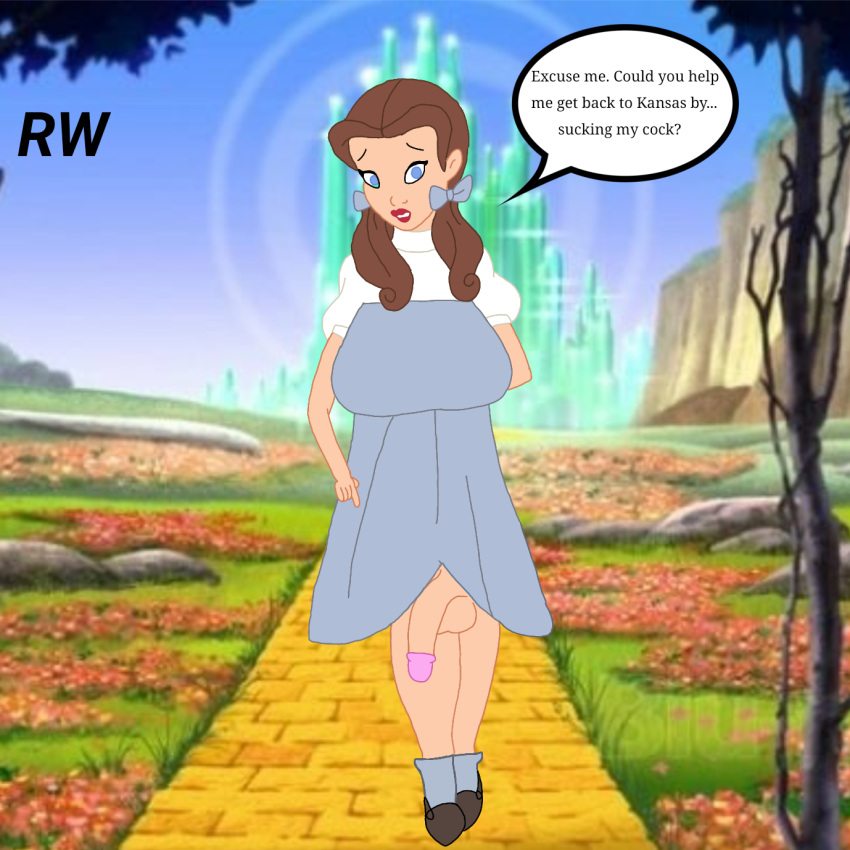 1futa 1girl brown_hair clothed dialogue dorothy_gale futanari looking_at_viewer pointing_at_penis rarewaifus solo_futa speech_bubble standing talking_to_viewer the_wizard_of_oz tom_and_jerry_and_the_wizard_of_oz twin_tails warner_brothers