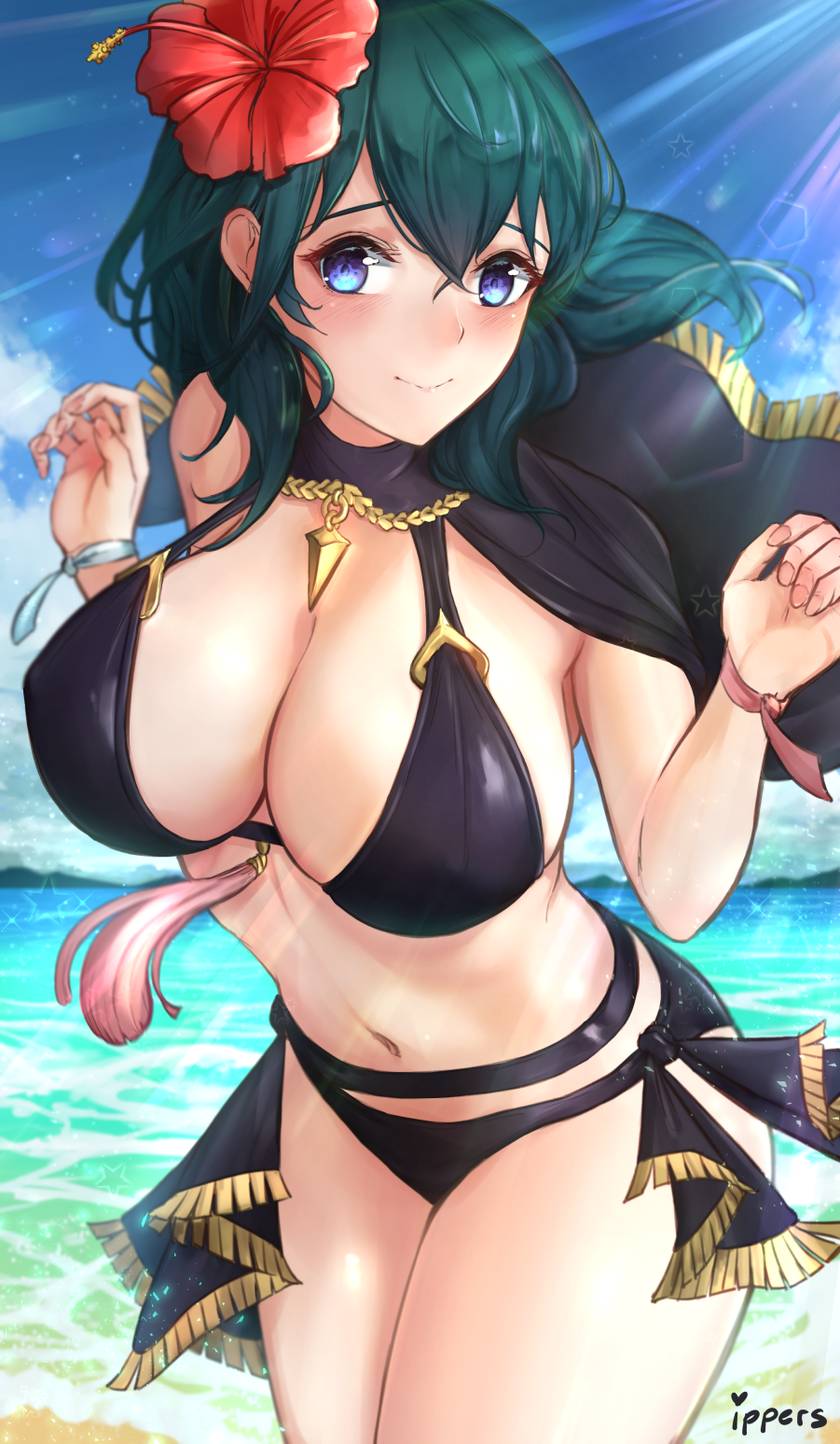 1girl 1girl 1girl 2020 alluring big_breasts bikini black_bikini black_swimsuit blue_eyes blue_hair blush breasts byleth_(fire_emblem)_(female) byleth_(summer)_(fire_emblem)_(female) cleavage english_commentary female_only fire_emblem fire_emblem:_three_houses fire_emblem_heroes flower hair_flower hair_ornament high_res ippers medium_hair midriff navel nintendo red_flower solo_focus swimsuit teal_hair thick thick_thighs thighs