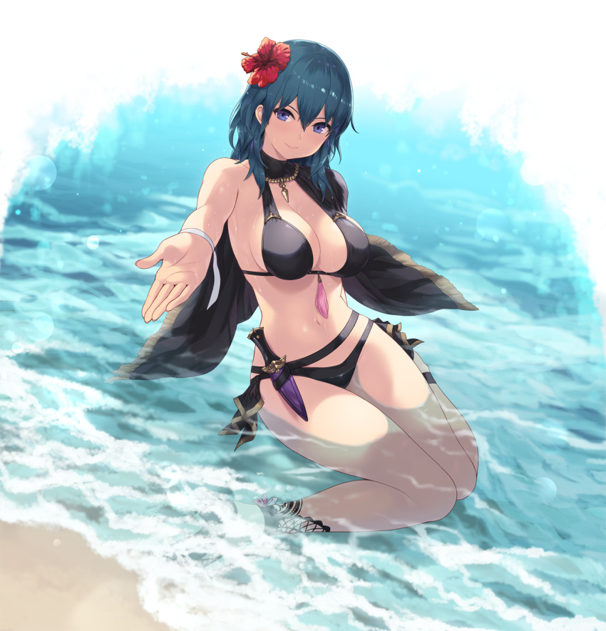 1girl 1girl 1girl alluring belt big_breasts bikini black_bikini black_footwear black_swimsuit blue_eyes breasts byleth_(fire_emblem) byleth_(fire_emblem)_(female) byleth_(summer)_(fire_emblem)_(female) cait cait_aron cleavage commentary female_only fire_emblem fire_emblem:_three_houses fire_emblem_heroes flower green_hair hair_flower hair_ornament hibiscus high_res jewelry knife knife_holster looking_at_viewer medium_hair necklace nintendo outstretched_hand partially_submerged reaching_out sandals shawl sitting solo_female swimsuit wading wariza water