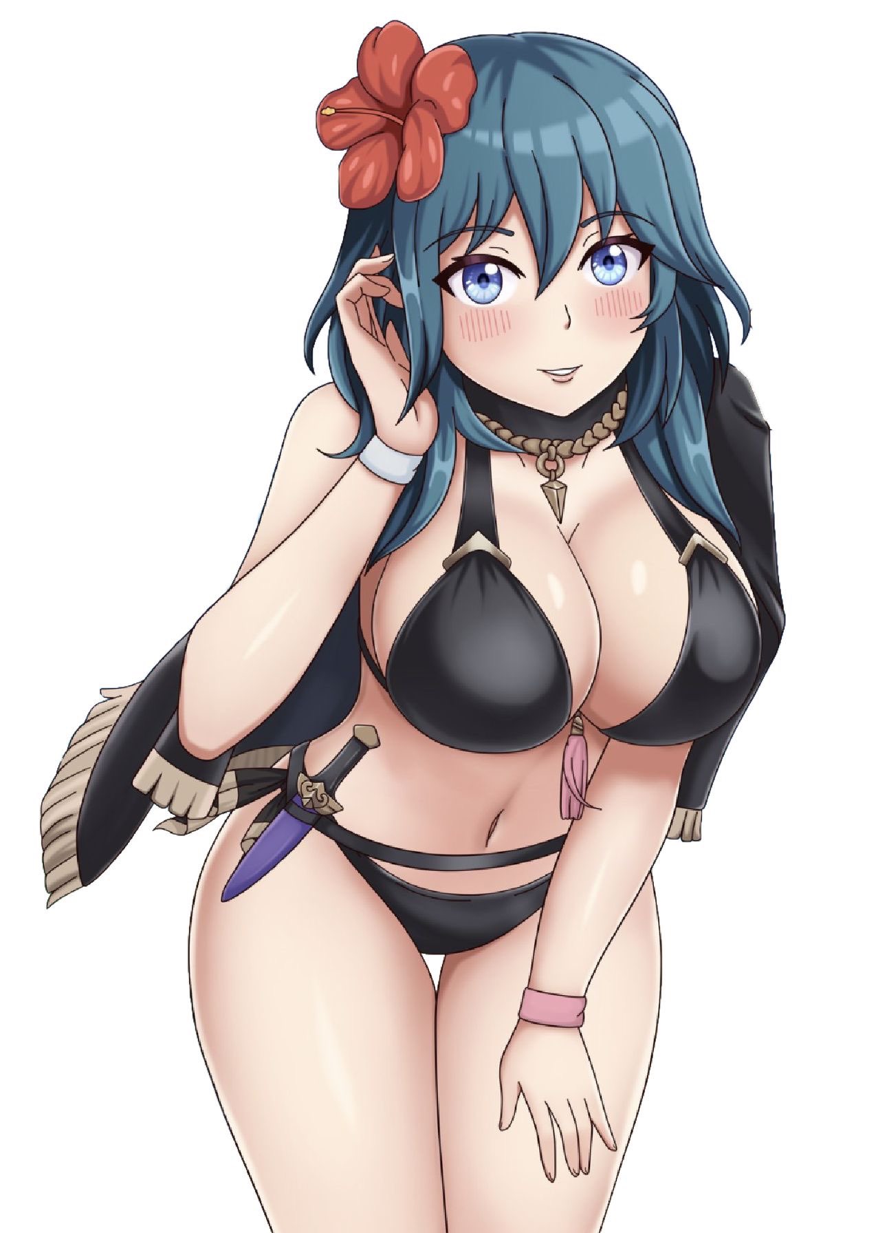 1girl 1girl 1girl alluring bikini black_bikini black_swimsuit blue_eyes blue_hair byleth_(fire_emblem)_(female) edit female_only fire_emblem fire_emblem:_three_houses fire_emblem_heroes light-skinned_female light_skin nintendo official_alternate_costume patdarux solo_female swimsuit