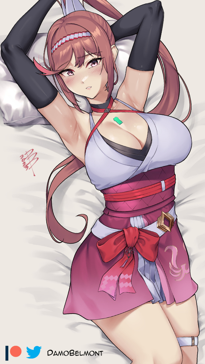 1girl 1girl alluring arms_up bare_shoulders bed_sheet big_breasts black_gloves bow breasts cleavage commentary cowboy_shot damobelmont elbow_gloves glimmer_(xenoblade) gloves high_res japanese_clothes kimono long_hair looking_at_viewer lying nintendo on_back parted_lips pink_hair purple_eyes red_bow short_kimono sleeveless sleeveless_kimono thigh_strap thighs very_long_hair xenoblade_chronicles_(series) xenoblade_chronicles_3