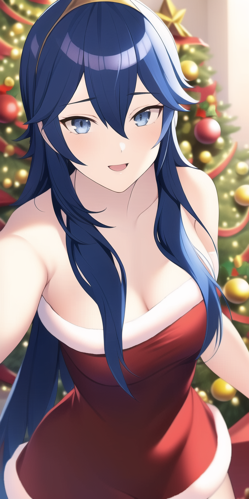 1girl 1girl alluring badtimer blue_eyes blue_hair christmas fire_emblem fire_emblem_awakening lucina lucina_(fire_emblem) nintendo santa_outfit tiara