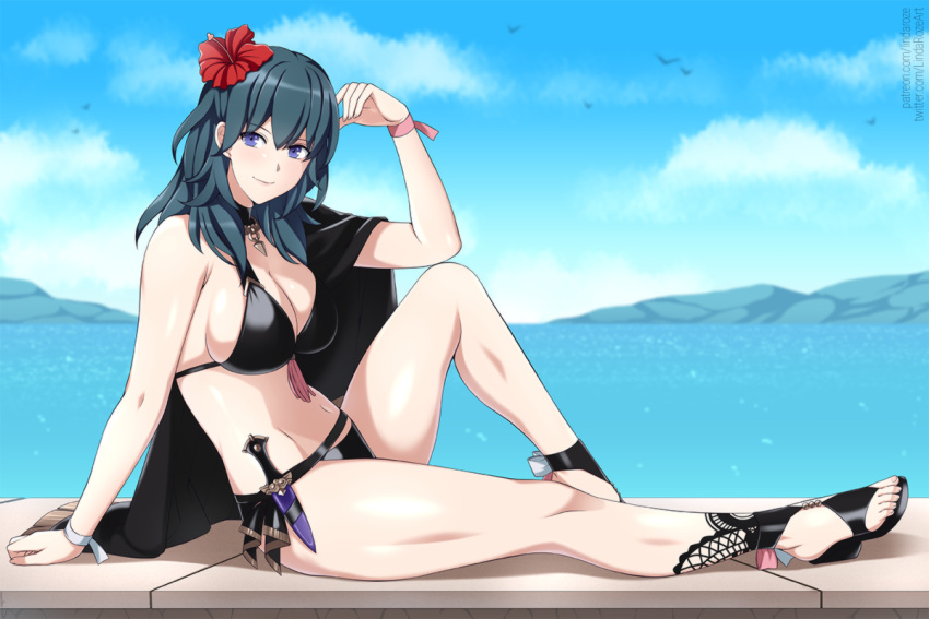 1girl alluring alternate_costume arm_support bangs big_breasts bikini black_bikini black_cape black_swimsuit blue_eyes blue_hair blue_sky breasts byleth_(fire_emblem)_(female) byleth_(summer)_(fire_emblem)_(female) cape cleavage closed_mouth cloud commission dagger day english_commentary feet female_only fire_emblem fire_emblem:_three_houses fire_emblem_heroes flower full_body groin hair_between_eyes hair_flower hair_ornament hand_up high_heels knife legs lindaroze long_hair looking_at_viewer midriff nintendo ocean official_alternate_costume outside paid_reward_available sandals shadow sidelocks single_bare_shoulder sitting sky smile swimsuit thighs toes weapon wrist_guards