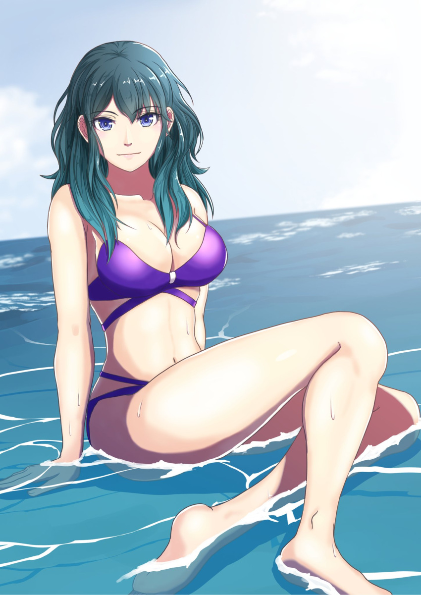 1girl alluring alternate_costume bare_legs big_breasts bikini blue_eyes byleth_(fire_emblem)_(female) feet fire_emblem fire_emblem:_three_houses gzo1206 looking_at_viewer nintendo ocean purple_bikini purple_swimsuit shallow_water solo_female swimsuit teal_hair