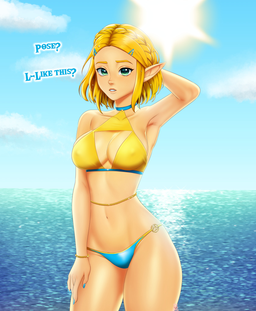 1girl alluring arm_up arms_behind_head beach bikini blonde_hair blue_eyes blue_nails blush braid braided_hair cleavage clothed clouds gold_(metal) gold_jewelry green_eyes hairclip human humanoid hylian hylian_ears looking_at_viewer melkcoffee nail_polish nintendo nipple_outline ocean pale_breasts princess_zelda short_hair sideboob sidelocks stomach swimsuit swimwear tan tan_line tan_skin tears_of_the_kingdom text the_legend_of_zelda the_legend_of_zelda:_tears_of_the_kingdom thighs triforce water zelda_(tears_of_the_kingdom)