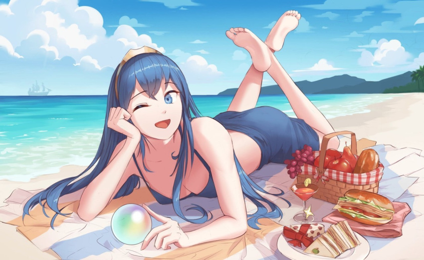 1girl :d alluring apple awan0918 bare_shoulders barefoot beach bikini bikini_top_only blue_bikini blue_eyes blue_hair blue_sarong blue_sky breasts cleavage cloud commentary crossed_legs cup day drink drinking_glass english_commentary feet fire_emblem fire_emblem_awakening fire_emblem_heroes food fruit full_body hair_between_eyes horizon long_hair looking_at_viewer lucina lucina_(fire_emblem) lying medium_breasts mountainous_horizon nintendo ocean official_alternate_costume on_stomach one_eye_closed open_mouth orb picnic_basket plate sand sandwich sarong ship shore sky smile swimsuit tiara towel watercraft waves wine_glass