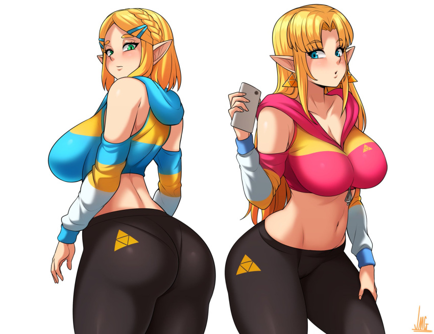 2_girls a_link_between_worlds alluring alternate_costume ass bangs big_breasts blonde_hair blue_eyes blush breasts colored earrings elf_ears green_eyes hood jmg large_ass long_hair long_sleeves midriff nintendo phone princess_zelda short_hair tears_of_the_kingdom the_legend_of_zelda tight_clothing triforce triforce_earrings yoga_pants zelda_(a_link_between_worlds) zelda_(tears_of_the_kingdom)