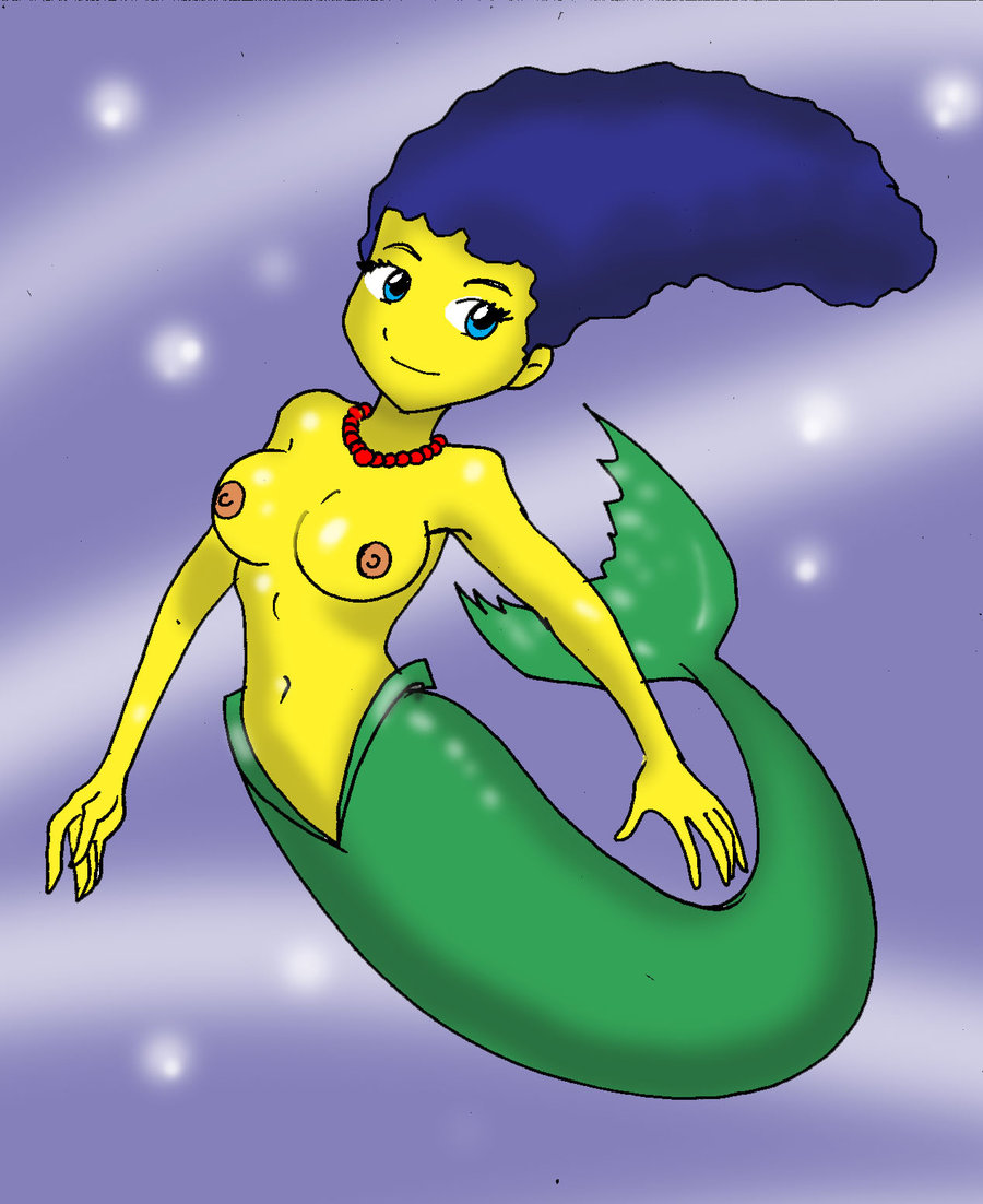 1girl blue_hair breasts color female_only front_view hair koku-chan marge_simpson mature_female mermaid milf nipples tagme tail the_simpsons topless underwater water yellow_skin