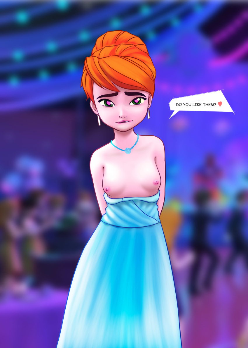 areolae boobs breasts dress earrings exposed_breasts green_eyes hair_pulled_back heart-shaped_pupils lego_friends:_girls_on_a_misson long_dress mia necklace night_cox(artist) nipples orange_hair redhead small_breasts
