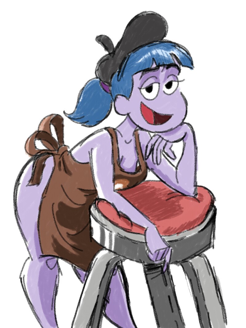 1girl 1girl apron_only artist_request big_city_greens blue_hair disney disney_channel gloria_sato looking_at_viewer purple_skin stool