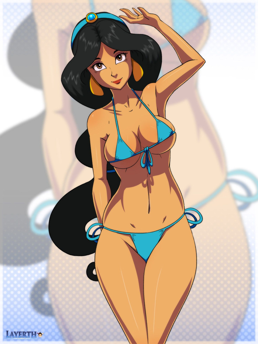 aladdin_(series) alluring bikini blue_panties disney disney_princess fully_clothed layerth looking_at_viewer non-nude panties princess_jasmine sfw swimsuit swimwear teal_panties