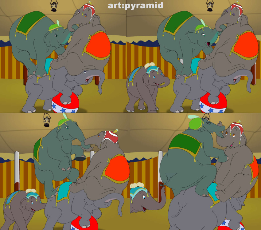 ball catty_(dumbo) circus climbing comic disney dumbo eating_ass elephant fanart giddy_(dumbo) grin holding_tail looking_at_another mrs._jumbo_(dumbo) mrsjumbo prissy_(dumbo) pyramid_(artist) sexy_ass smothering_ass standing struggling tail trunk trunk_grab