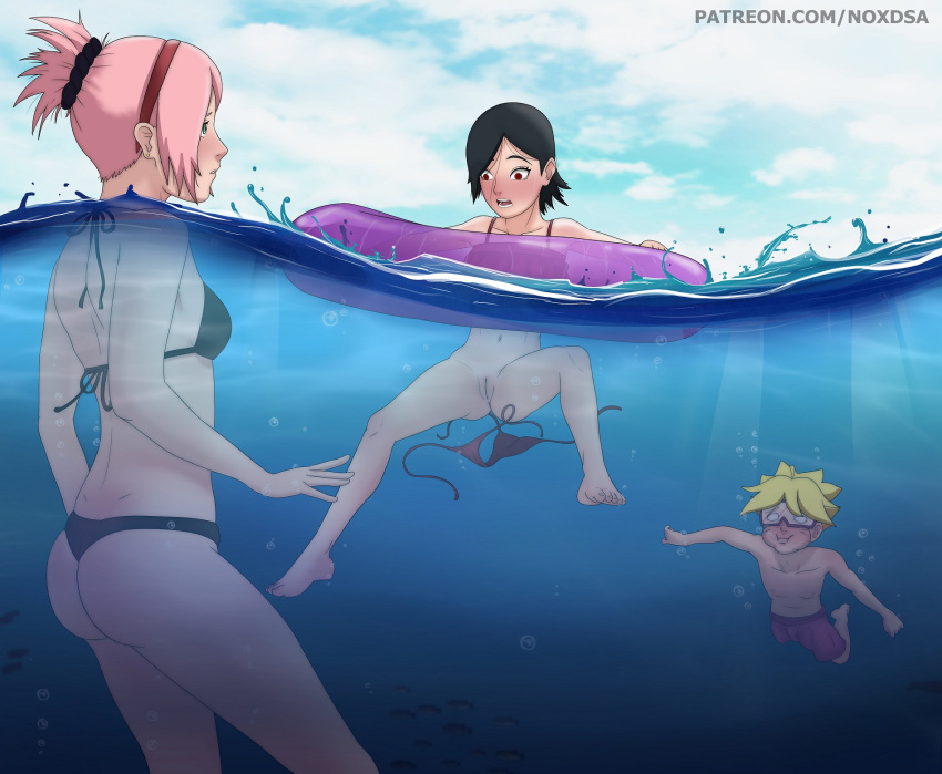 1boy 2girls accident accidental_exposure being_watched bikini_bottom bikini_bottom_removed bikini_top black_hair boruto:_naruto_next_generations boruto_uzumaki bottomless embarrassed exposed_pussy floater floating goggles green_eyes inflatable long_hair mother_&amp;_daughter multiple_girls naruto naruto_(series) no_panties noxdsa ocean partially_submerged partially_underwater_shot pervert pink_hair pussy red_eyes sakura_haruno sarada_uchiha sea short_hair swimming swimwear underwater untied_bikini wardrobe_malfunction watching water yellow_hair