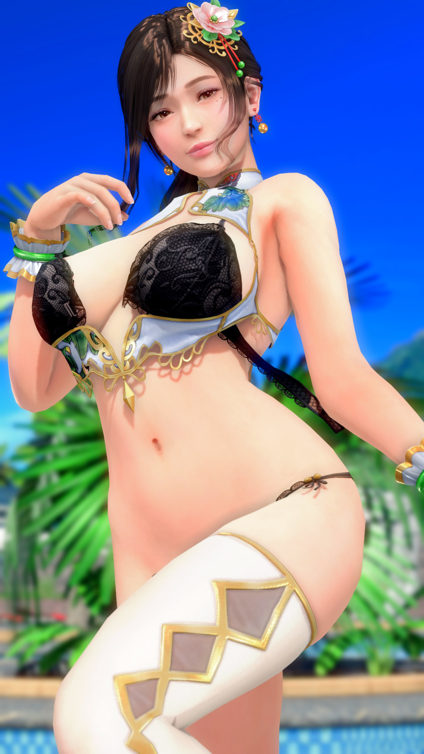 1girl alluring big_breasts bikini brown_hair cleavage dead_or_alive dead_or_alive_xtreme_beach_volleyball dead_or_alive_xtreme_venus_vacation sayuri_(doa) stockings swimming_pool tecmo