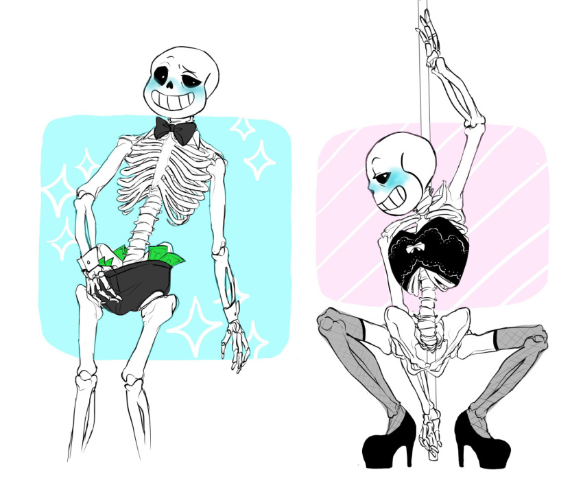 animated_skeleton banknote black_briefs black_high_heels black_underwear blue_blush blush bottomless bowtie bowtie_collar briefs crouch crouching eli-sin-g grin high_heels kolesjoie looking_at_viewer money money_in_underwear pole pole_dance pole_dancing sans sans_(undertale) skeleton smile smiling_at_viewer stockings stripper stripper_pole topless undertale undertale_(series) underwear