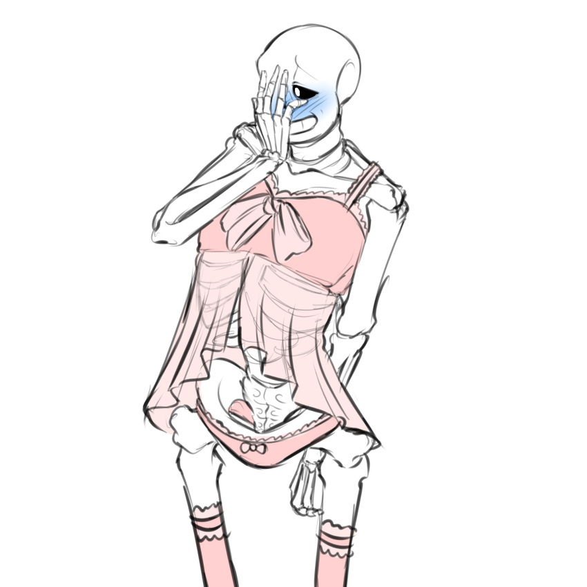 animated_skeleton blue_blush blush bottom_sans bow_panties covering_face cross-dressing crossdressing embarrassed hand_on_face hand_on_own_face lingerie looking_away nightgown nsfwgarbagedump_(artist) panties pink_legwear pink_nightgown pink_panties pink_stockings pink_thighhighs sans sans_(undertale) simple_background skeleton stockings uke_sans undertale undertale_(series) underwear white_background