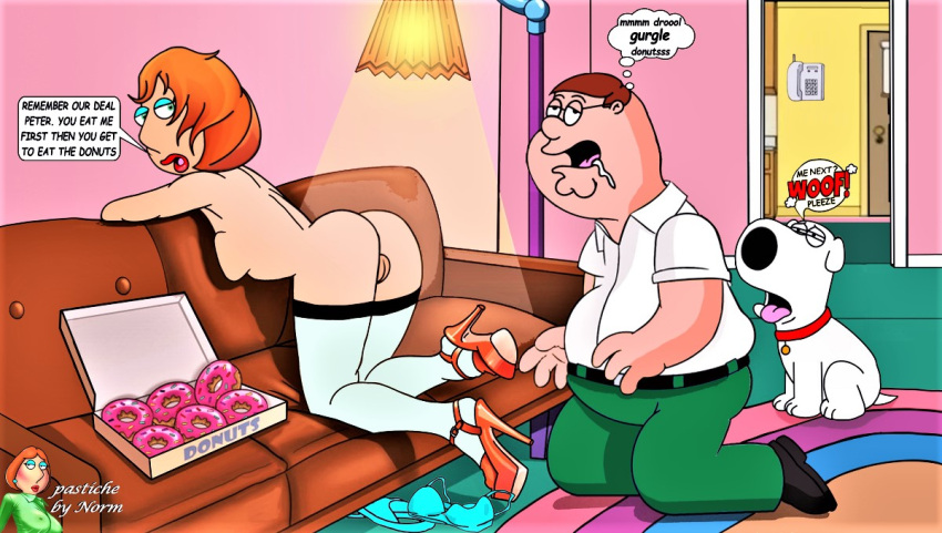ass breasts brian_griffin family_guy kneel lois_griffin peter_griffin pussy_lips shaved_pussy stockings thighs