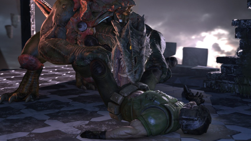 blender crossover dinosaur doom doomguy lips male male/male oral oral_sex oxzed penis penis_lick quake quake_champions reptile reptile_humanoid sex sorlag stockings thick_thighs thighs