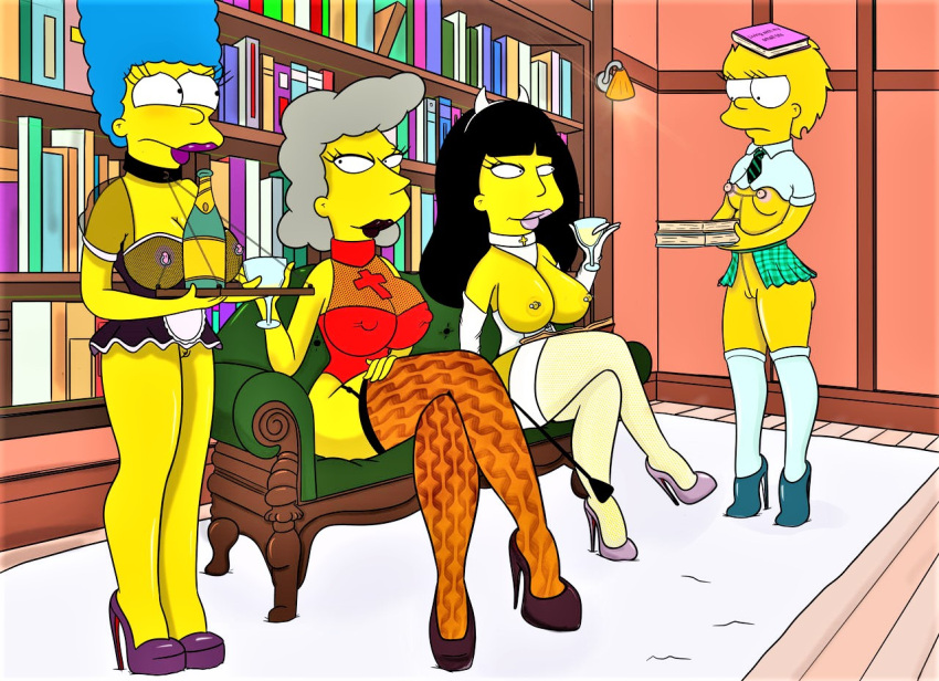 breasts corset erect_nipples lisa_simpson maid_uniform marge_simpson maude_flanders sex_slave shaved_pussy slave slutty_outfit stockings the_simpsons thighs
