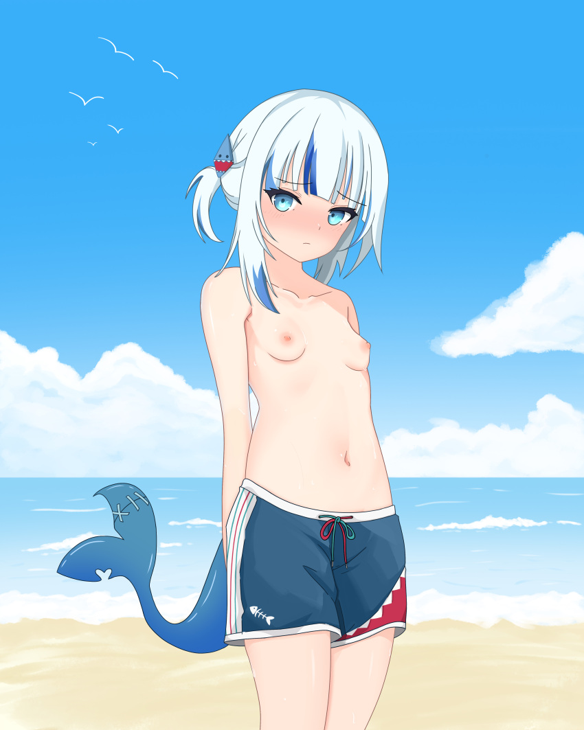 1girl 1girl 1girl amrb arms_behind_back bare_shoulders beach blue_eyes blue_male_swimwear blue_shorts blue_sky blush breasts clavicle closed_mouth clothing cloud cowboy_shot crossdressing day embarrassed exhibitionism facing_viewer fish_tail gawr_gura gawr_gura_ch. high_resolution hololive hololive_english looking_at_viewer male_swimwear male_swimwear_challenge midriff navel nervous nipples nose_blush ocean outside pettanko public public_indecency public_nudity sand shark_girl shark_tail shore shorts shy sky small_breasts standing stomach summer sweat sweatdrop swimming_trunks swimsuit tail thighs tomboy topless very_high_resolution virtual_youtuber water water_drop