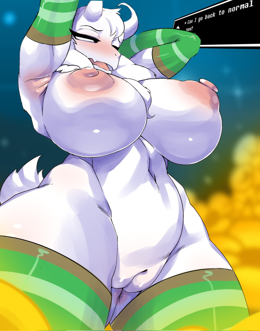 1girl 2d 2d_(artwork) anthro anus areolae armpits ashraely asriel_dreemurr big_breasts black_eyes blush bottomless breasts caprine crossgender dialogue_box elbow_gloves embarrassed erect_nipples female female_only flower furry gloves goat green_gloves green_stockings horns huge_breasts innie_pussy looking_away low-angle_view mostly_nude navel nipples open_mouth pussy rule_63 stockings tail text topless undertale white_body white_fur