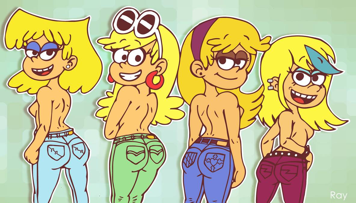 1girl 4girls ass back belt big_ass blonde_hair blue_hair bracelet breasts bubble_butt carol_pingrey denim earrings eyeshadow female_only grin hairband half-closed_eyes jeans leni_loud looking_back lori_loud multiple_females multiple_girls no_bra pants rayryan_(artist) sam_sharp shirtless sideboob smile sunglasses sunglasses_on_head the_loud_house thighs topless topless_female