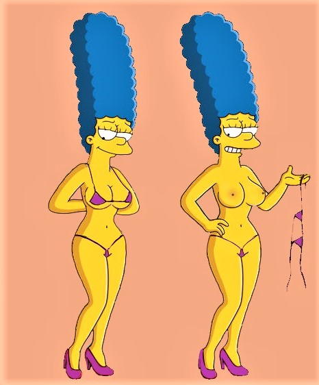 1girl blue_hair breasts cameltoe erect_nipples high_heels low_resolution marge_simpson micro_bikini nipples on/off orange_background purple_bikini shaved_pussy simple_background solo the_simpsons thighs topless undressing yellow_skin