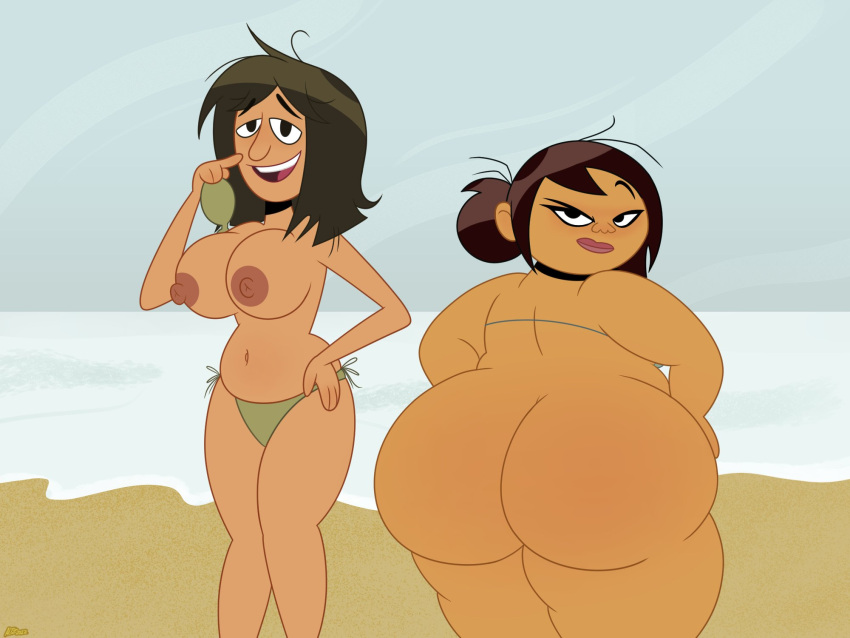 2_girls altzegoz bbw beach big_ass big_breasts bikini bikini_top bottomless breasts disney grin leah_stein-torres looking_at_viewer looking_back nipples sexy sharon_mcgee smile the_ghost_and_molly_mcgee topless wide_hips