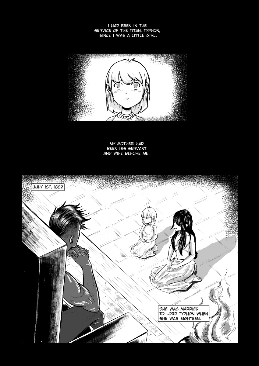 black_and_white black_hair blood_bond blush child colored_skin comic comic_page dark-skinned_male dark_hair dark_skin dress fire flame flames greek_mythology high_res manga manga_page monochrome mother_&amp;_daughter mother_and_child multicoloured_hair muscular muscular_male titan_greek_mythology topless topless_female topless_male typhon typhon_titan white_hair white_skin