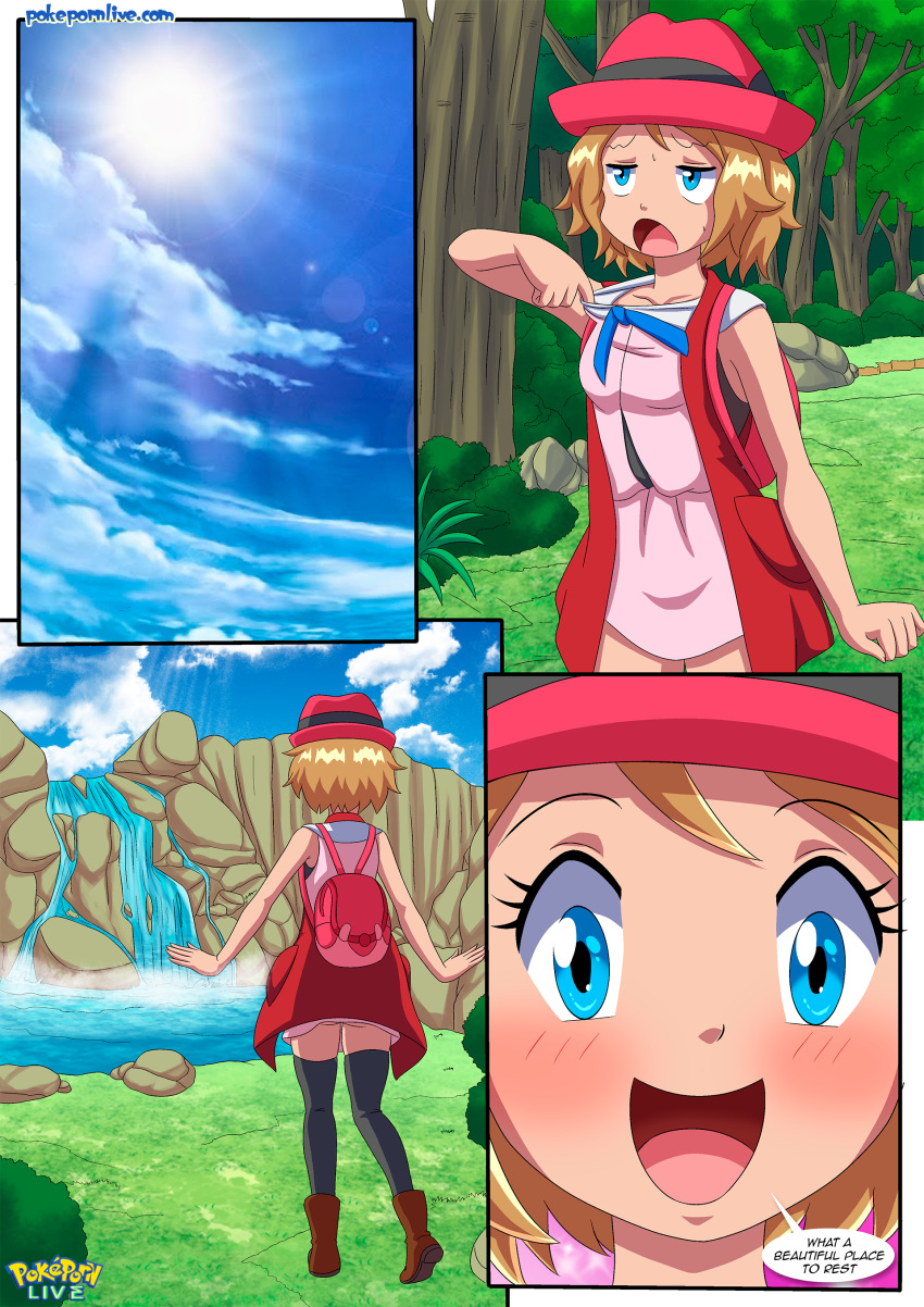 a_hot_break_on_the_forest_(comic) bbmbbf blonde_hair brown_eyes comic creatures_(company) game_freak humans_of_pokemon light-skinned_female nintendo palcomix panties pokemon_(anime) pokemon_(game) pokemon_xy pokepornlive porkyman river serena_(pokemon) waterfall