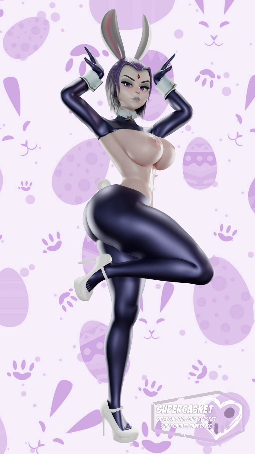1girl 3d ass big_breasts breasts bunny_ears bunny_girl bunny_tail bunnysuit dat_ass dc_comics demon_girl exposed_breasts eyeliner goth goth_girl high_heels high_heels latex latex_bodysuit latex_gloves latex_legwear latex_suit looking_at_viewer nipples purple_eyes purple_hair raven_(dc) shiny_clothes short_hair supercasket teen_titans thick_ass thick_thighs thighs tight_clothing toes white_heels white_high_heels wristwear