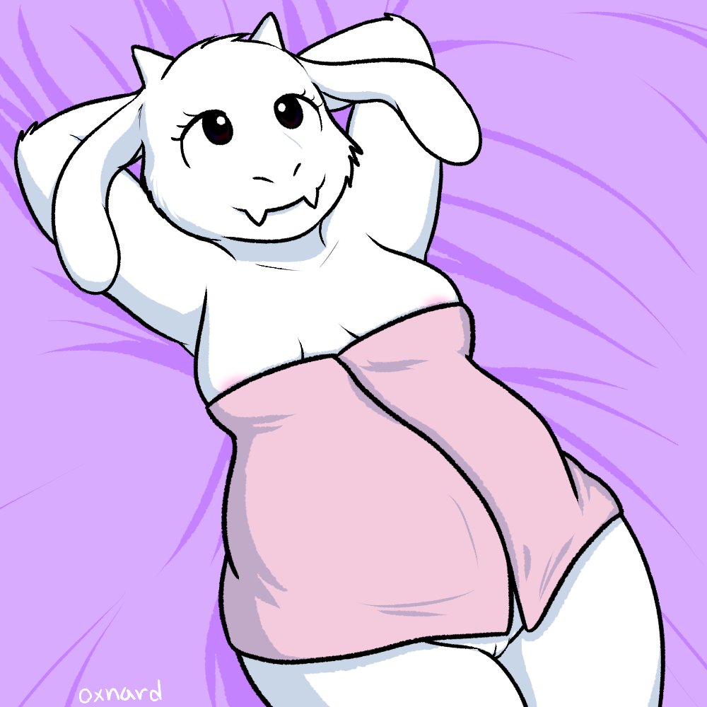 1:1 1:1_aspect_ratio 1_girl 1girl anthro black_eyes boss_monster bovid breasts caprine chubby chubby_female female female_only fur genitals hands_behind_head mammal nipples nishi_oxnard nishioxnard pink_towel purple_sheets pussy smile solo_female solo_focus toriel towel towel_only undertale undertale_(series) white_body white_fur