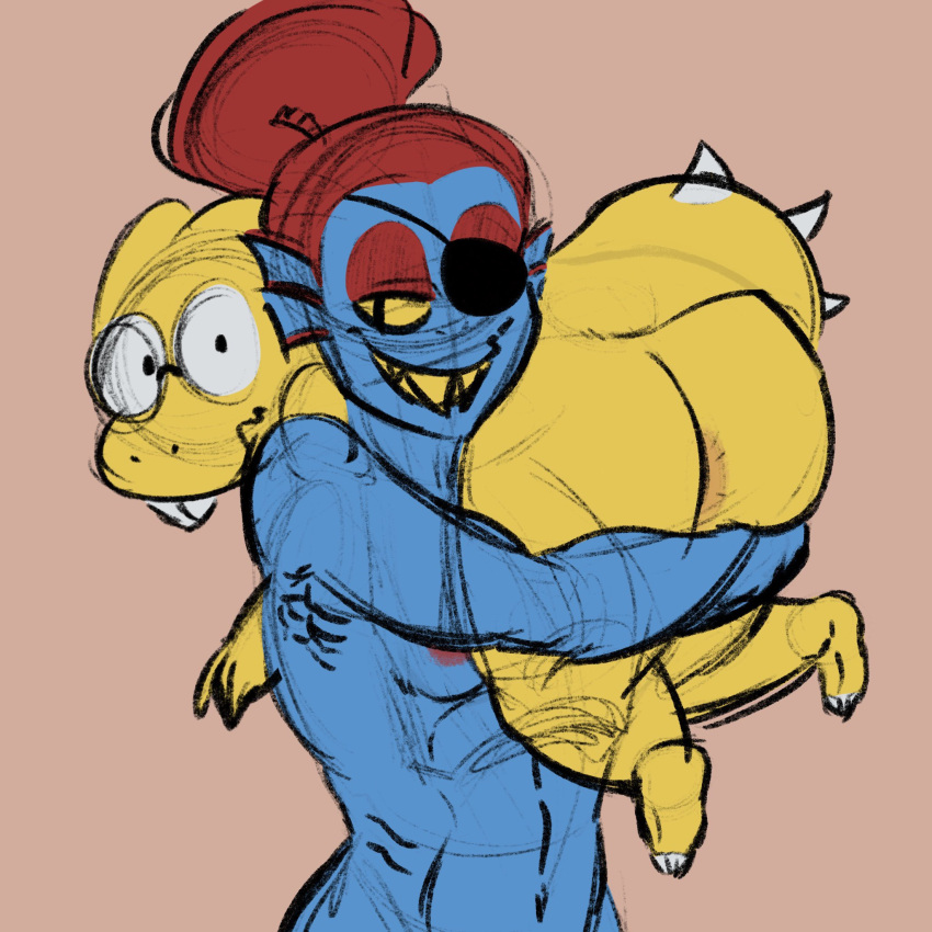 alphyne alphys alternate_version_available anus ass blue_body blue_skin breasts carrying carrying_over_shoulder eye_patch eyepatch kross_draws nude orange_background red_hair simple_background solid_color_background undertale undertale_(series) undyne unphys yellow_body yellow_skin