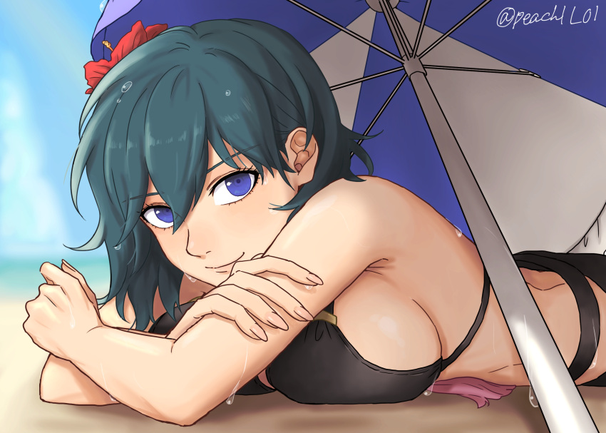 1girl 1girl alluring beach beach_umbrella big_breasts bikini black_bikini blue_eyes blue_hair breasts byleth_(female) byleth_(fire_emblem) closed_mouth commentary crossed_arms day fire_emblem fire_emblem:_three_houses fire_emblem_heroes flower hair_flower hair_ornament hibiscus high_res looking_at_viewer lying nintendo official_alternate_costume on_stomach outside peach11_01 short_hair sideboob smile string_bikini swimsuit twitter_username umbrella upper_body wet