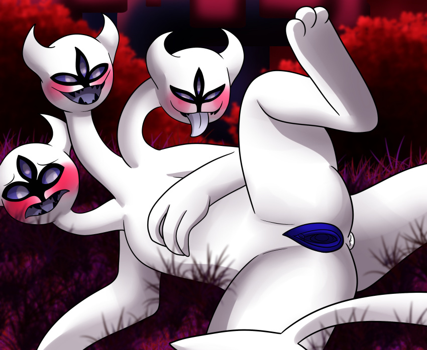 1_girl 1girl 3_eyes 3_heads 3_toes 4_fingers anthro anus blue_pussy blush closed_smile clover_(deltarune) curved_horn deltarune embarrassed happy horn legs_apart legs_spread monster multi_head open_mouth open_smile purple_eyes purple_pupils pussy raised_leg smile third_eye toes tongue tongue_out undertale_(series) video_games white_skin yoshimister