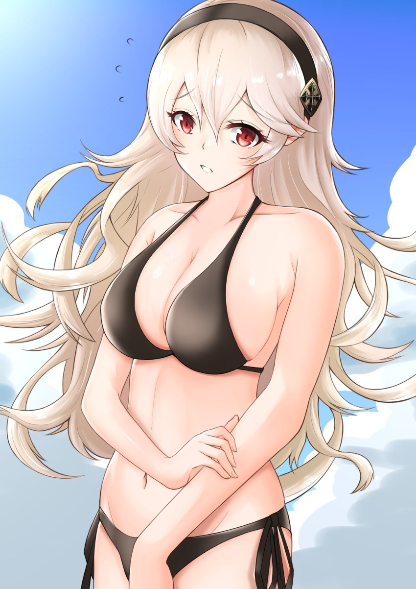 1girl 1girl 1girl alluring alternate_costume bikini black_bikini black_swimsuit breasts cleavage corrin_(fire_emblem) corrin_(fire_emblem)_(female) egatyan1410 fire_emblem fire_emblem_fates headband looking_at_viewer nintendo outside outside red_hair sideboob swimsuit white_hair white_skin