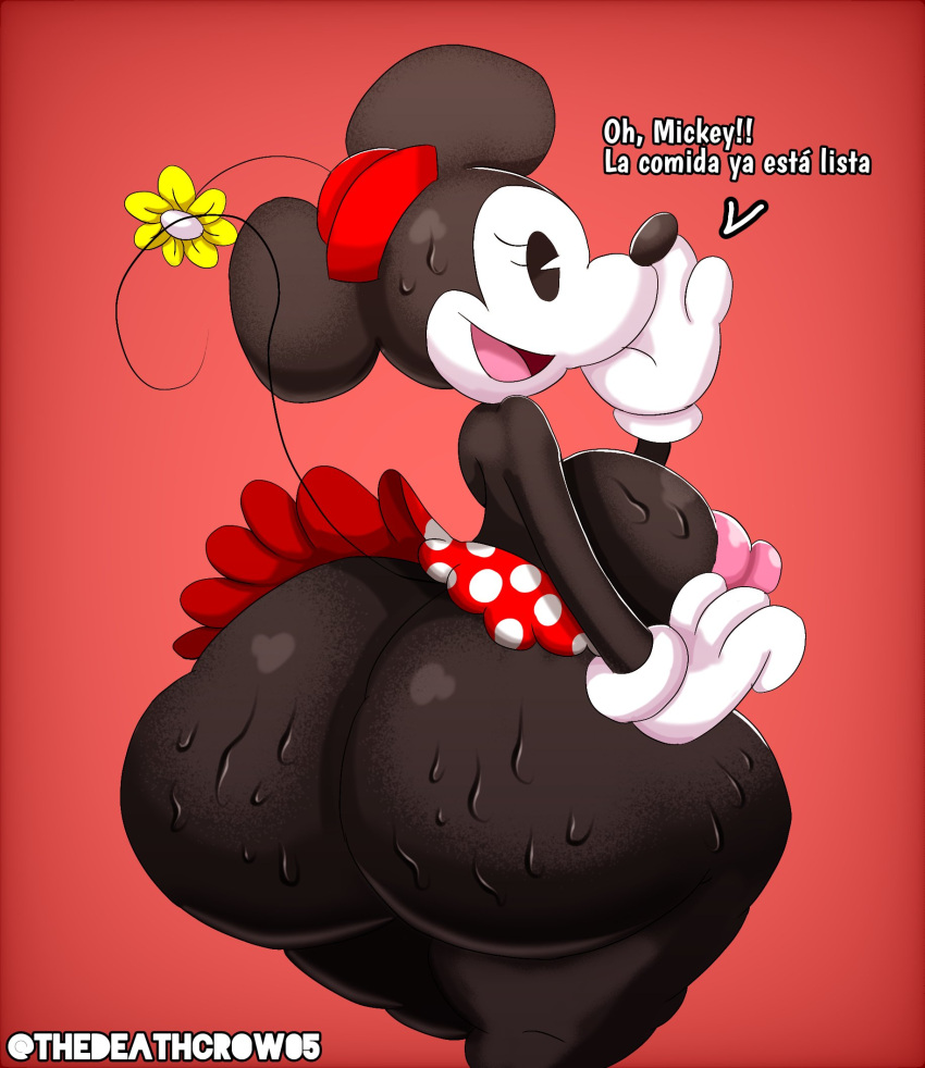 1girl ass ass_grab ass_sweat ass_up big_ass big_breasts black_skin breasts disney female/female female_only female_solo minnie_mouse rabbit rabbit_girl rat simple_background sweat text thedeathcrow05