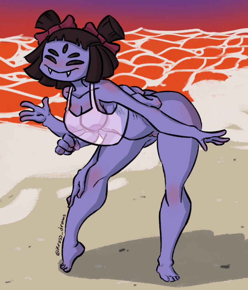 1girl 2d 4_fingers 5_eyes 6_arms alternate_version_available anthro anthro_only arachnid arms_behind_back ass beach breasts fangs female female_only full_body hand_on_own_leg kross_draws muffet multiple_arms nipples nude nude_female purple-skinned_female purple_body purple_skin pussy see-through_clothes see-through_clothing see-through_top see_through smug solo solo_female spider standing undertale undertale_(series)