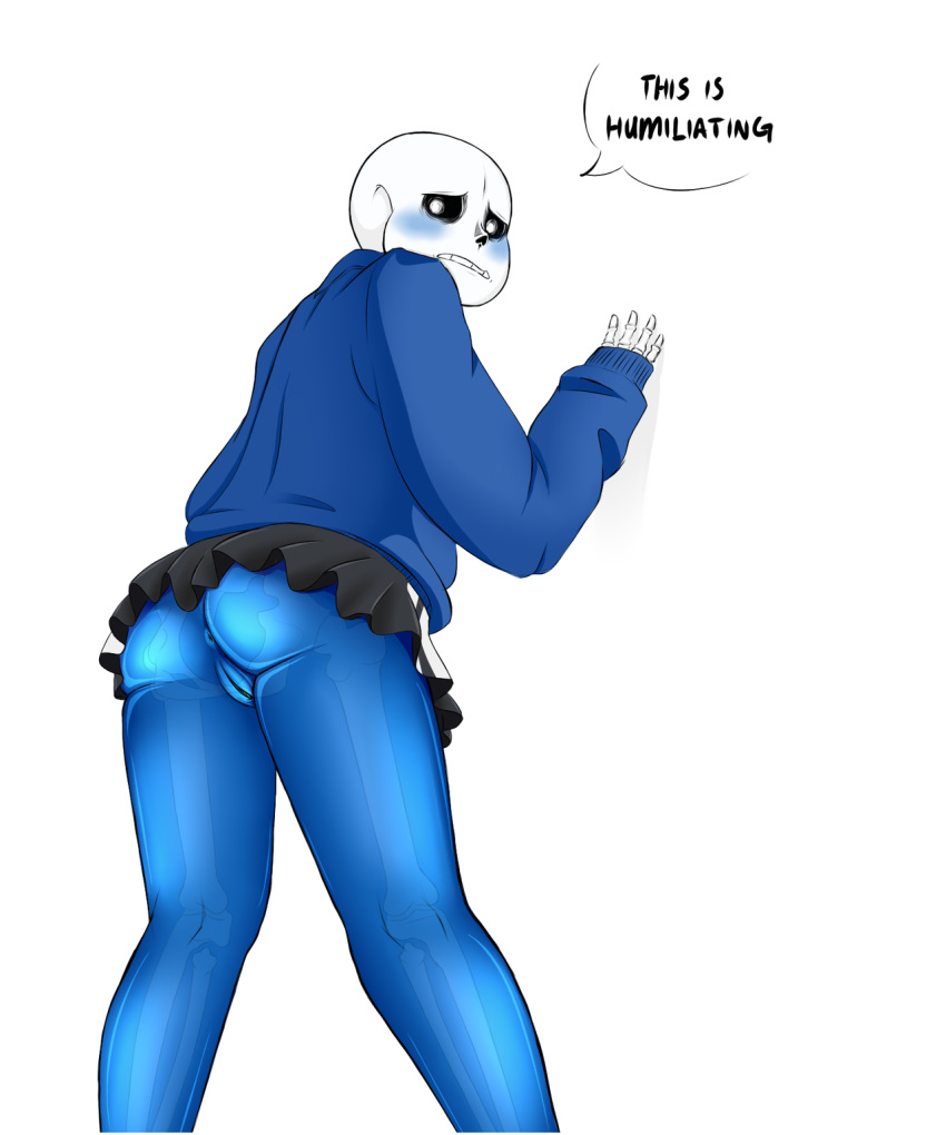 1girl animated_skeleton anus ass blue_anus blue_blush blue_body blue_pussy blush bottom_sans bottomless ectobody ectopussy english_text humiliated looking_at_viewer looking_back no_panties nsfwgarbagedump_(artist) presenting_anus presenting_pussy pussy rule63 rule_63 sans sans_(undertale) skeleton skirt solo speech_bubble text text_bubble uke_sans under_skirt undertale undertale_(series) white_background