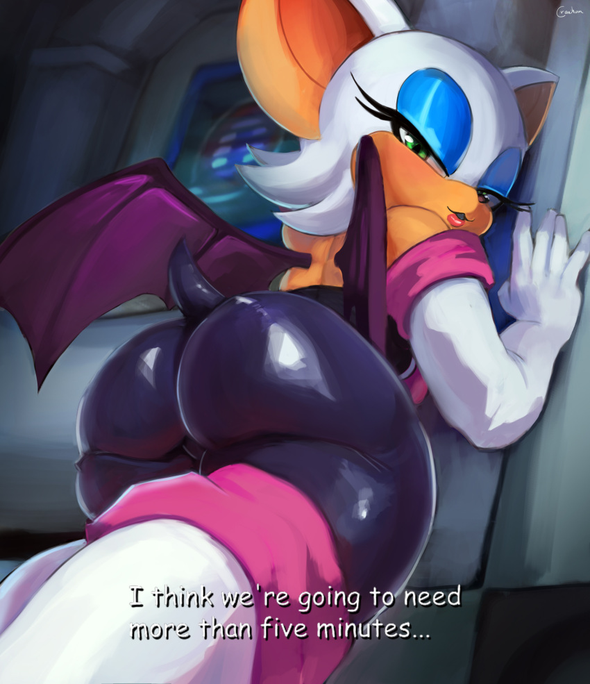 1girl anthro ass bat bat_wings big_ass clothed clothing cranihum dat_ass dialogue duplicate english_text eyeshadow green_eyes high_res looking_at_viewer looking_back looking_back_at_viewer makeup mammal membrane_(anatomy) membranous_wings rouge_the_bat sega sonic_adventure_2 sonic_the_hedgehog_(series) talking_to_viewer text wings