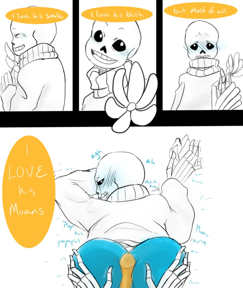 animated_skeleton ass ass_grab blue_ass blue_blush blue_body bottom_sans bottomless brothers comic dominant_pov ectobody ectopenis english_text flower fontcest grabbing_ass hands_on_ass holding_flower incest looking_back looking_behind male male_pov malicious-muffin_(artist) moaning orange_penis papyrus papyrus_(undertale) papysans penis penis_between_ass penis_on_ass pov sans sans_(undertale) seme_papyrus skeleton speech_bubble sweater text text_bubble top_papyrus uke_sans undead undertale undertale_(series) unseen_character unseen_male unseen_male_face
