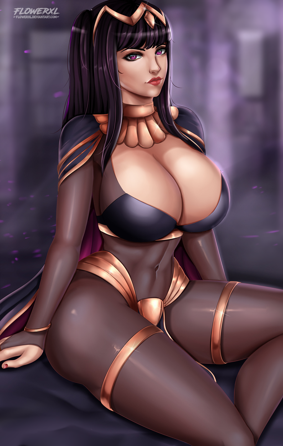 1girl 1girl 1girl alluring big_breasts cleavage female_only fire_emblem fire_emblem_awakening flowerxl looking_at_viewer nintendo stockings tharja tharja_(fire_emblem)