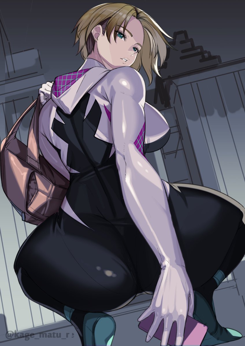 1girl 1girl 1girl ass big_ass big_breasts big_thighs blonde_female blonde_hair blue_eyes breasts clothed_female comic_book_character female_focus female_only gwen_stacy gwen_stacy_(spider-verse) hood hoodie kagematsuri light-skinned_female light_skin looking_back marvel marvel_comics phone short_hair sidecut skin_tight skin_tight smartphone solo_female solo_focus spider-gwen spider-man:_into_the_spider-verse spider-man_(series) superheroine tagme teen text thighs