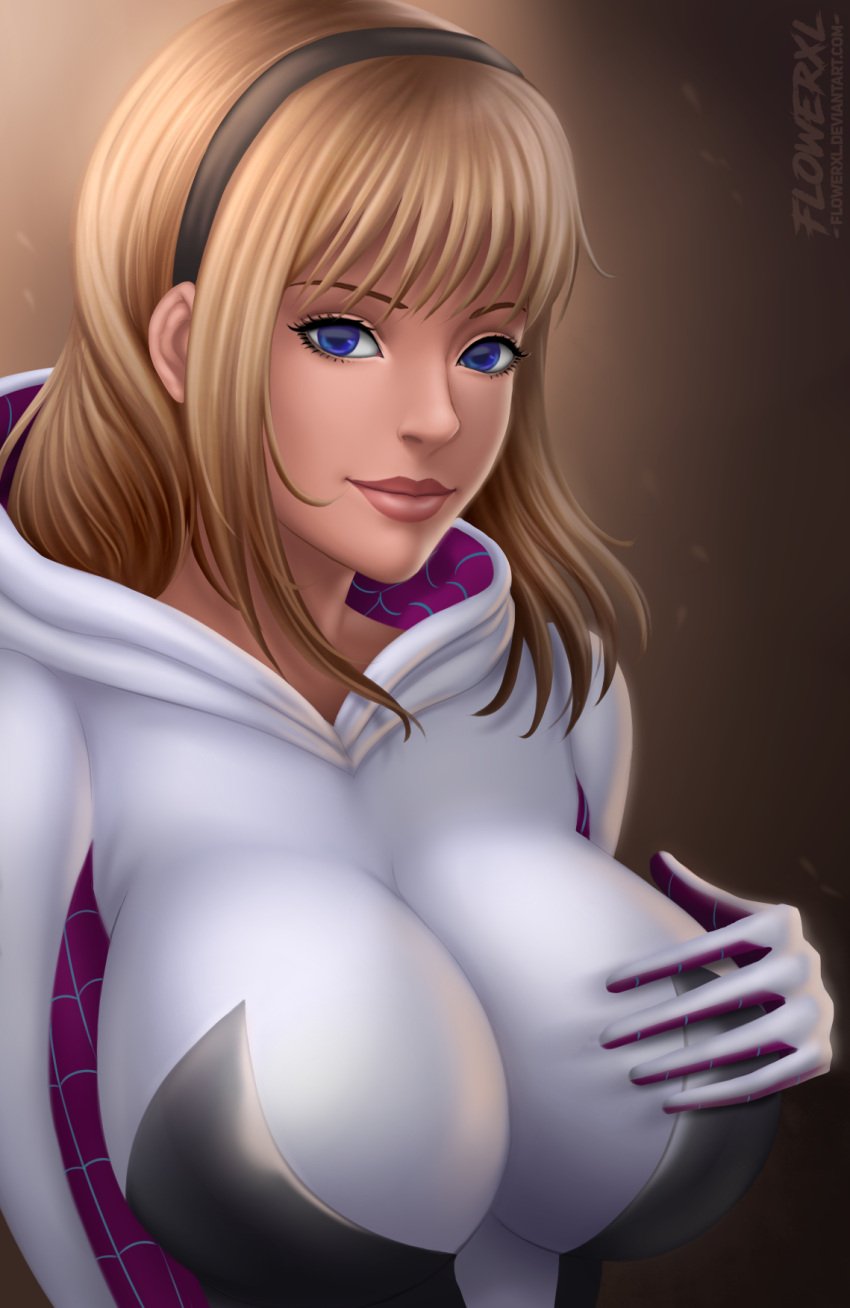 1girl 1girl 1girls abstract_background artist_logo big_breasts big_breasts black_tiara blonde_hair blue_eyes bodysuit breasts brown_background brown_eyebrows brown_lips brown_lipstick female_focus female_only flowerxl front_view gwen_stacy hand_on_breast light-skinned_female long_hair looking_at_viewer marvel pinup portrait side_view simple_background smile smiling_at_viewer spider-gwen spider-man_(series) standing tiara white_bodysuit