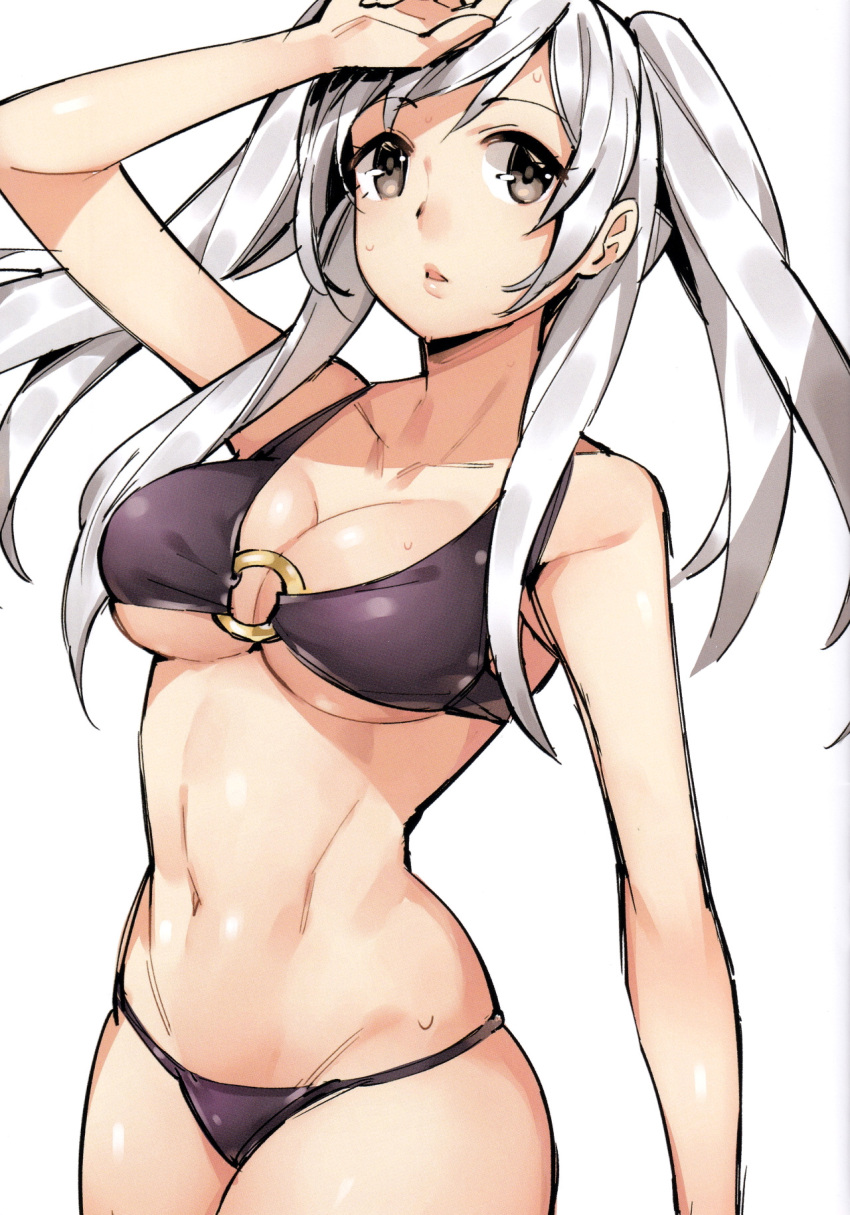 1girl 1girl alluring arm_up big_breasts bikini breasts brown_eyes cleavage collarbone cowboy_shot fire_emblem fire_emblem_awakening fire_emblem_heroes ge-b grey_eyes hair_over_shoulder high_res long_hair looking_at_viewer navel nintendo o-ring o-ring_bikini o-ring_top purple_bikini robin_(fire_emblem) robin_(fire_emblem)_(female) scan sidelocks silver_hair simple_background sketch sweat swimsuit twin_tails white_background