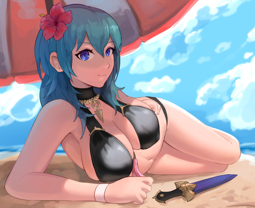 1girl 1girl alluring beach beach_umbrella big_breasts blue_sky breasts byleth_(female) byleth_(fire_emblem)_(female) closed_mouth cloud dagger day fire_emblem fire_emblem:_three_houses fire_emblem_heroes flower hair_flower hair_ornament high_res knife lying nintendo on_side outside sheath sheathed sky spiffydc umbrella water weapon