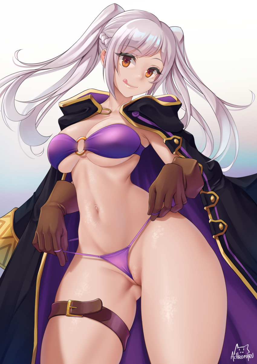 1girl 1girl :p achromaru alluring alternate_costume big_breasts bikini breasts brown_eyes coat eyebrows_visible_through_hair fire_emblem fire_emblem_awakening fire_emblem_heroes gloves grey_hair high_res licking_lips looking_at_viewer midriff navel nintendo o-ring o-ring_bikini official_alternate_costume pulling purple_bikini purple_swimsuit robin_(fire_emblem) robin_(fire_emblem)_(female) robin_(summer)_(fire_emblem)_(female) smile solo_female swimsuit tagme thick_thighs thighs thin_waist tongue tongue_out twin_tails under_boob white_hair wide_hips