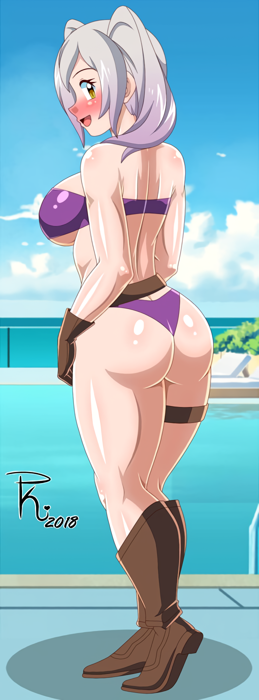 1girl 2018 alluring ass belt big_ass big_breasts bikini blue_sky blush boots breasts brown_belt brown_boots brown_gloves clothing clouds curvy dat_ass dated eyelashes female_only fire_emblem fire_emblem_awakening fire_emblem_heroes fully_clothed gloves grin huge_ass huge_breasts large_ass looking_at_viewer looking_back nintendo open_mouth outside pk-studios pool poolside pretty_kute purple_bikini purple_swimsuit robin_(fire_emblem) robin_(fire_emblem)_(female) robin_(summer)_(fire_emblem)_(female) sexually_suggestive shiny_hair shiny_skin signature sky smile standing swimming_pool swimsuit thick_thighs tongue twin_tails voluptuous water white_hair wide_hips yellow_eyes