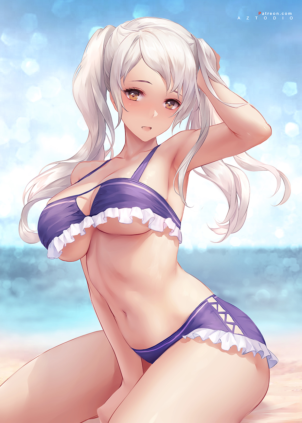 1girl alluring alternate_costume azto_dio aztodio bare_shoulders beach big_breasts bikini blush breasts brown_eyes cleavage collarbone fire_emblem fire_emblem_awakening frilled_bikini frills high_res long_hair looking_at_viewer navel nintendo purple_bikini robin_(fire_emblem) robin_(fire_emblem)_(female) sideboob skindentation swimsuit thighs twin_tails under_boob white_hair